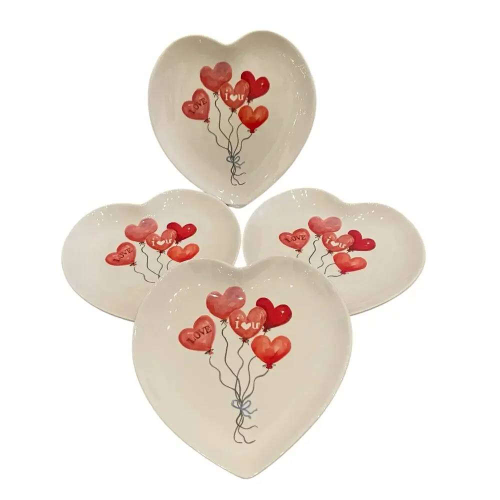 4pc Maxcera Valentine Heart Shaped Dinner Plates 10in Red Heart Balloons New